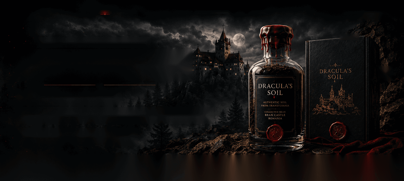 Dracula's Soil bottle and box in front of Bran Castle at night